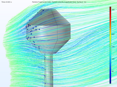 Simulation: Partikel Treffen auf Lutscher-förmigen Sensor mit Darstellung der Trajektorien 