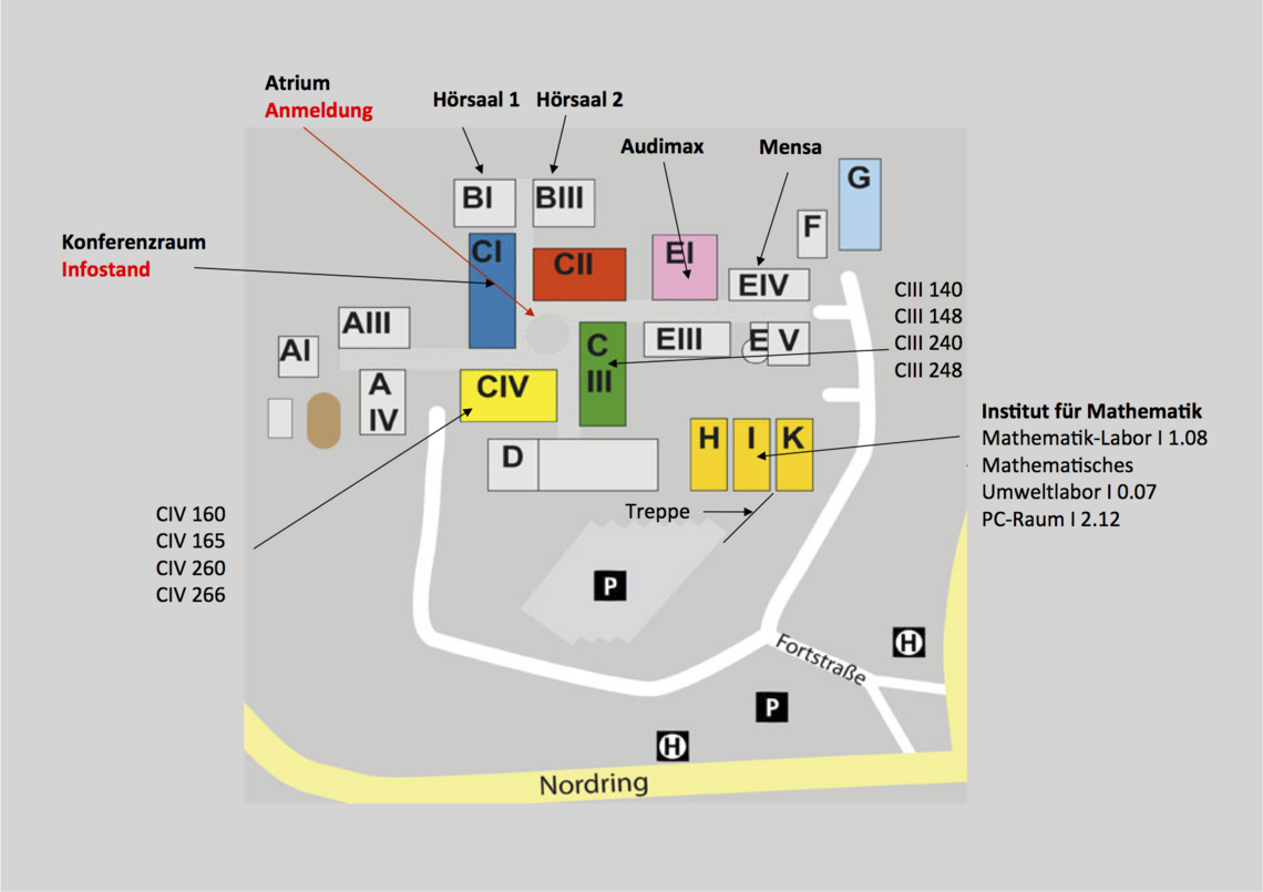 Lageplan vom Campus Landau, Infostand und Anmeldung im Atrium